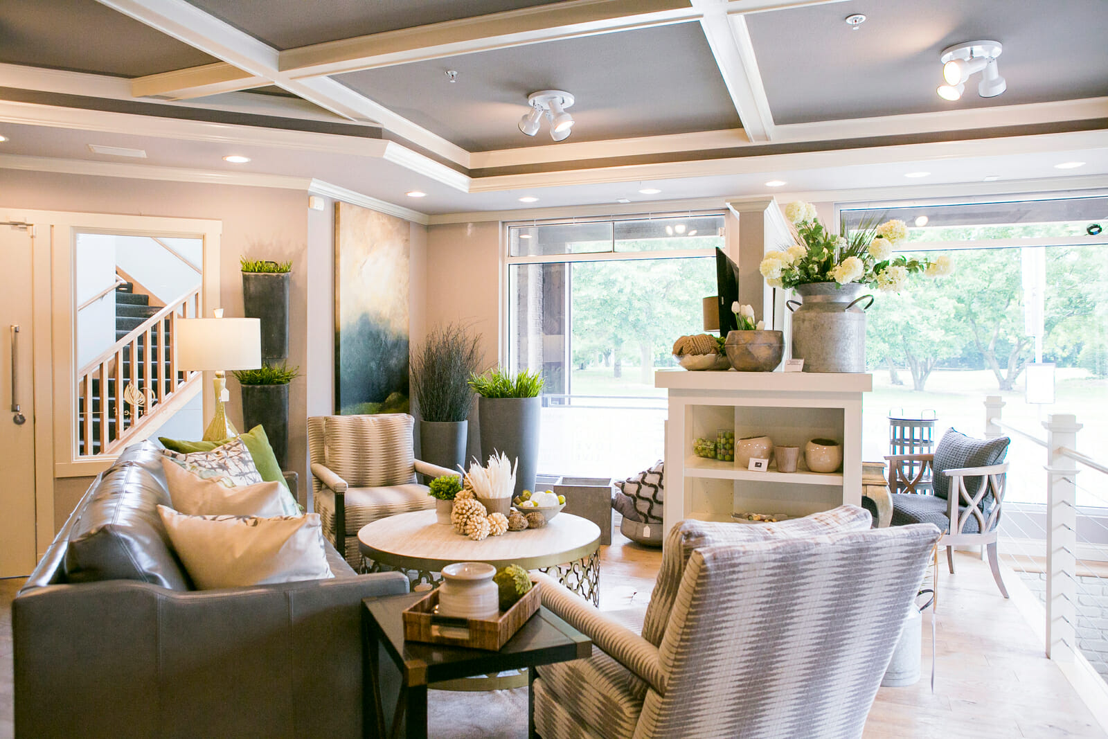 living room with windows and dark ceiling